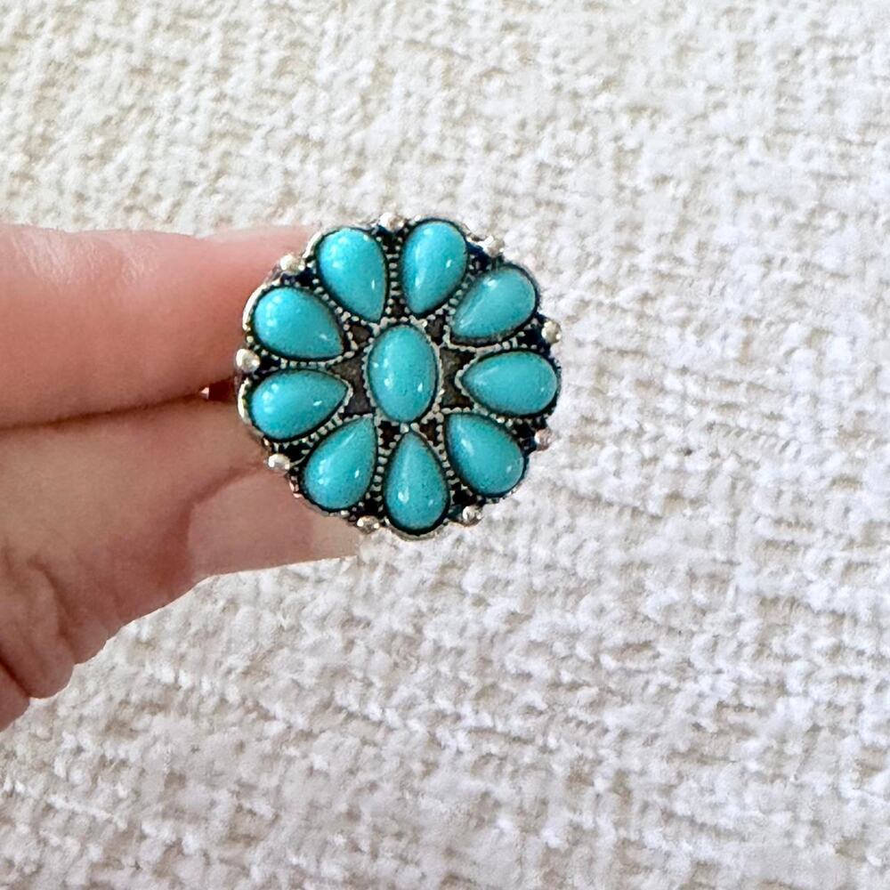 Silver & Turquoise Flower Ring New